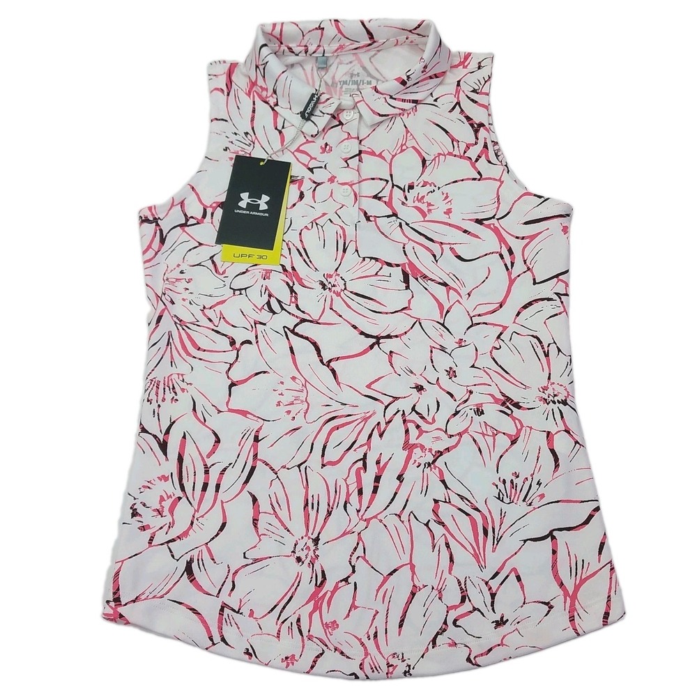 Under Armour Shirt Youth Girls Medium Sleeveless Golf UPF 30 NWT White Pink